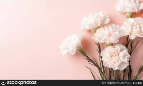 White carnations on a light pink background with copy space. Created using AI Generated technology and image editing software.