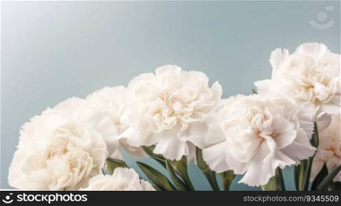 White carnations on a pale greenish blue background with copy space. Created using AI Generated technology and image editing software.