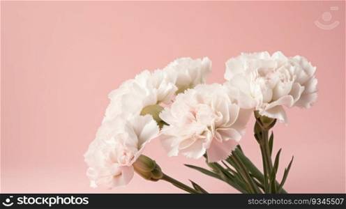 White carnations on a soft pink background with copy space. Created using AI Generated technology and image editing software.