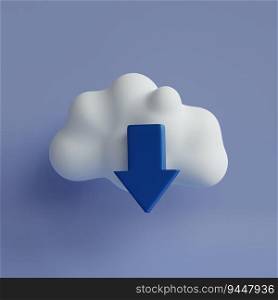 White cartoon cloud with blue arrow down. Data icon. 3D render illustration
