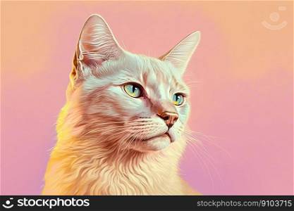 White cat portrait, pink and gold yellow colors, copy space. Pop art modern style. Generative AI. White cat portrait, pink and gold yellow colors, copy space. Generative AI