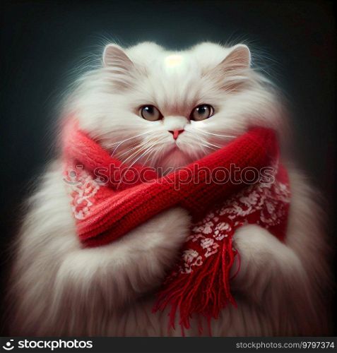 White Cat with Red Scarf. Generative AI