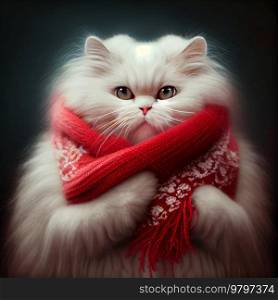 White Cat with Red Scarf. Generative AI