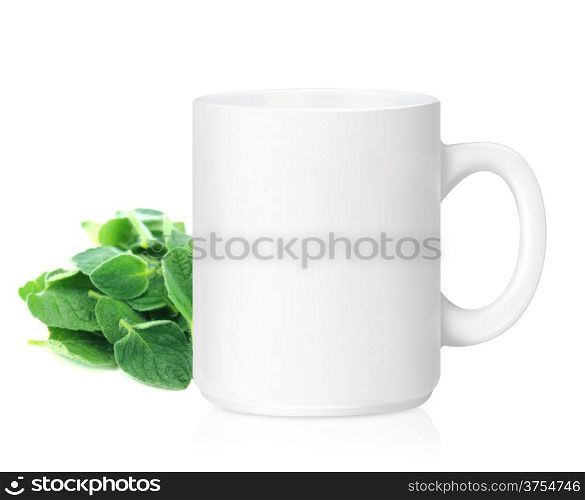 White ceramic mug with Herbs, Herbs Drink, Isolated on a white. (with clipping work path)