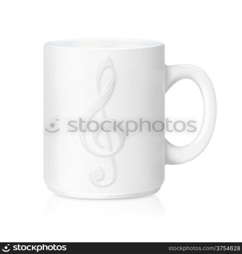 White ceramic mug with music sign, Isolated on a white. (with clipping work path)