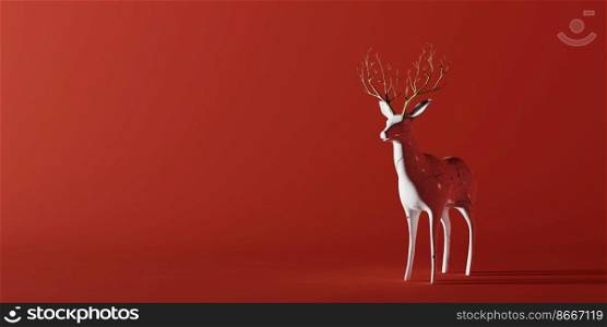 White ceramic reindeer statue sculpture on red background for Christmas and New year party with copy space. Holiday and seasonal concept. 3D illustration rendering