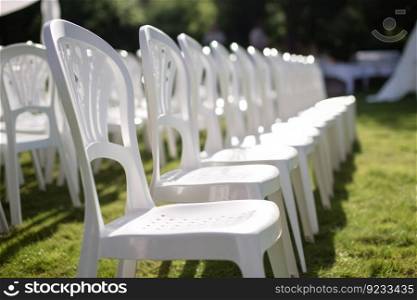 White chairs wedding grass. Green decor. Generate Ai. White chairs wedding grass. Generate Ai