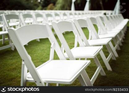 White chairs wedding style. Sky couple. Generate Ai. White chairs wedding style. Generate Ai