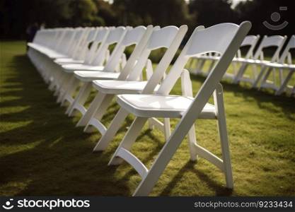 White chairs wedding sunny day. Sky ceremony. Generate Ai. White chairs wedding sunny day. Generate Ai