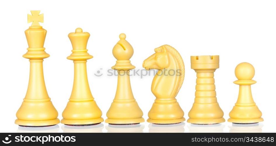 White chess pieces in order of decreasing isolated on white background