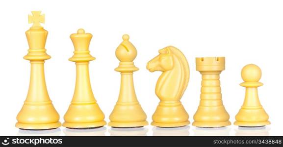 White chess pieces in order of decreasing isolated on white background