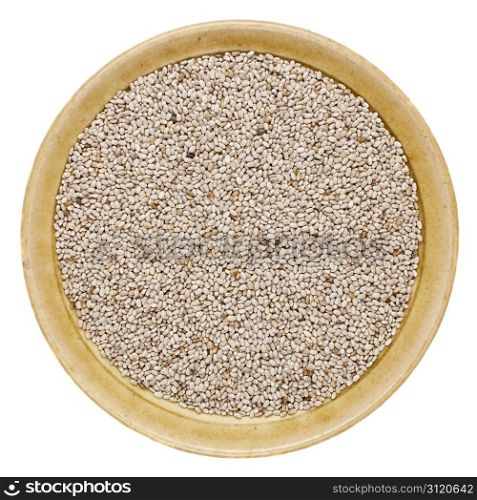 white chia seeds in a round ceramic bowl isolated on white