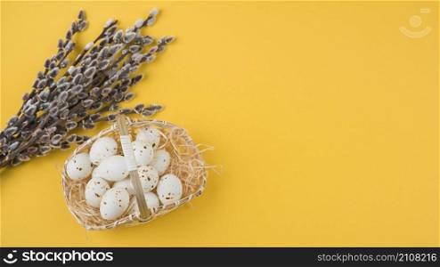 white chicken eggs basket with willow branches