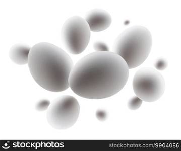 White chicken eggs levitate on a white background.. White chicken eggs levitate on a white background