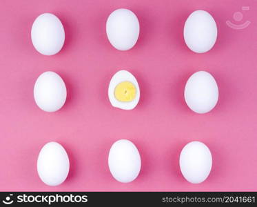 white chicken eggs with boiled egg table