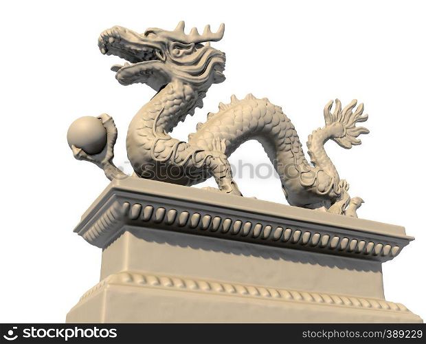White Chinese dragon statue holding a ball in his claws, isolated against a white background. Bottom view 3D image.
