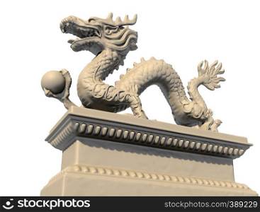 White Chinese dragon statue holding a ball in his claws, isolated against a white background. Bottom view 3D image.