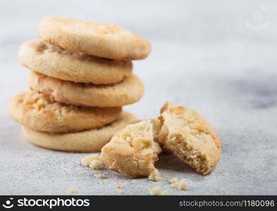 White chocolate biscuit cookies on light table background.