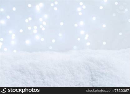 White christmas background with snow and lights. White christmas with snow