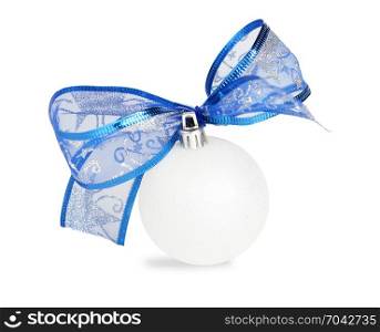 White Christmas ball with a beautiful blue bow on the white background