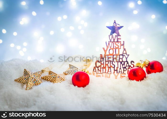 White christmas - christmas tree in snow, night with glowing stars in background, retro toned. White christmas with snow