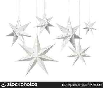 White Christmas decoration paper stars hanging isolated on white background. White Christmas paper stars