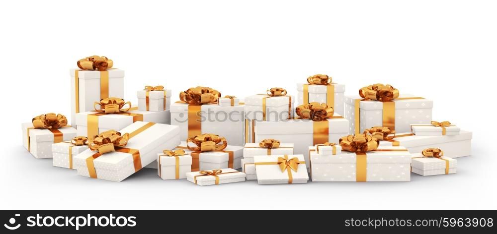 White christmas gift boxes, presents with orange bows and ribbons isolated 3d rendering