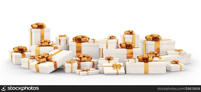 White christmas gift boxes, presents with orange bows and ribbons isolated 3d rendering