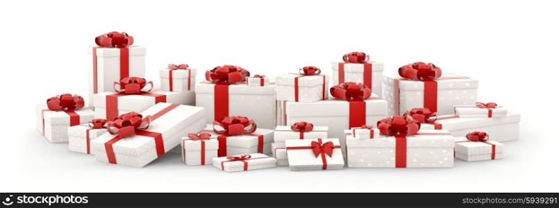 White christmas gift boxes, presents with red bows and ribbons isolated 3d rendering