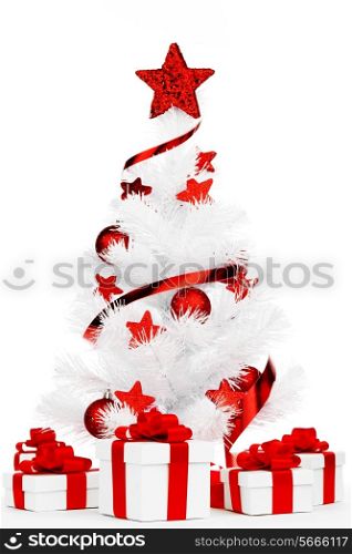 White christmas tree and presents isolated on white background