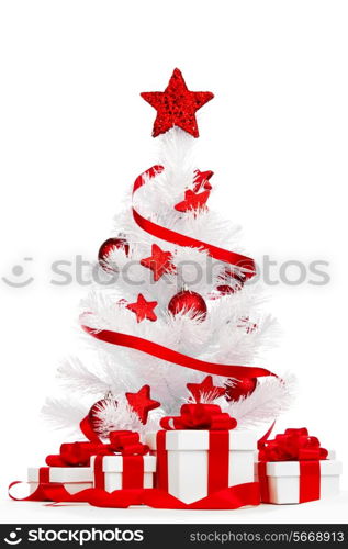 White christmas tree and presents isolated on white background