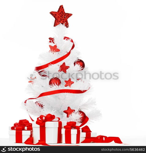 White christmas tree with red decorations and presents isolated on white background