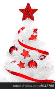 White christmas tree with red decorations isolated on white background