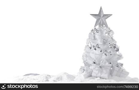 White christmas tree with silver decorations and gifts on snow isolated on white background. Christmas tree and gifts
