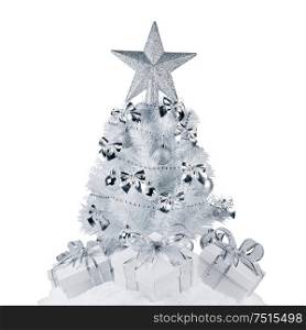 White christmas tree with silver decorations and gifts on snow isolated on white background. Christmas tree and gifts