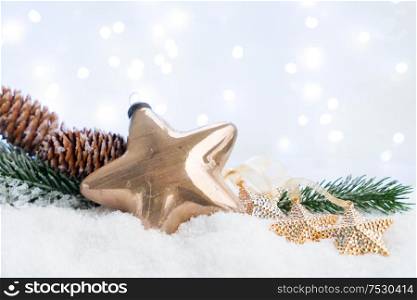 White christmas with snow - evergreen twigs and christmas star with lights in background. White christmas with snow