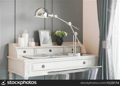 White classic style working table with table lamp chrome finished