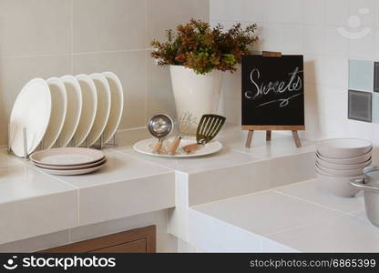 white clean counter in kitchen with utensil at home