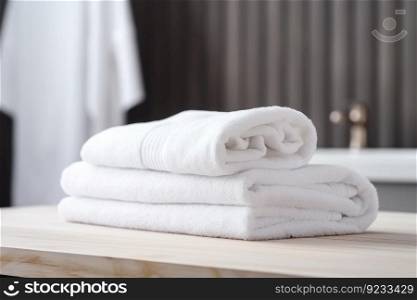White clean towel bathroom space. Care shower. Generate Ai. White clean towel bathroom space. Generate Ai
