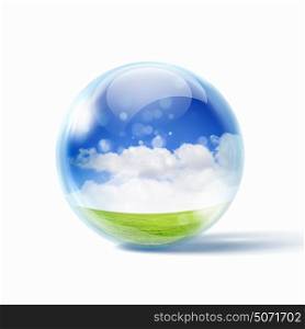 white cloud in the blue sky. White cloud in the blue sky inside a glass sphere