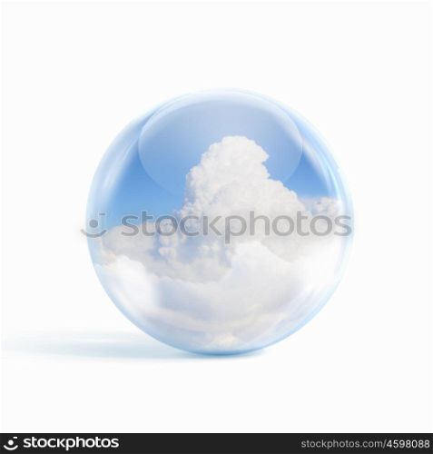 white clouds in blue sky. White clouds in blue sky inside a glass sphere