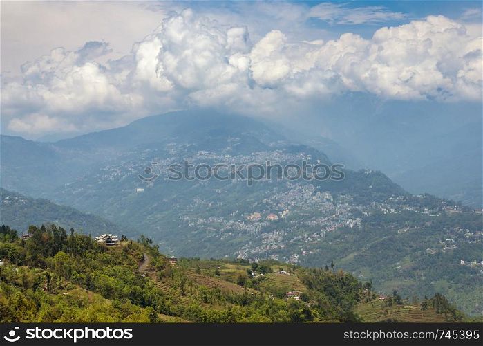 White clouds over Gangtok city, Sikkim, India.. White clouds over Gangtok city, Sikkim, India