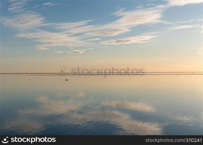 White clouds reflecting in absolutely calm water by the coast of the swedish island Oland in the Baltic Sea