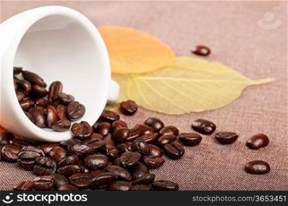 White coffee cup, autumn leaves and coffee beans