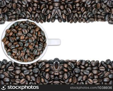 white coffee cup mug and beans on over white background
