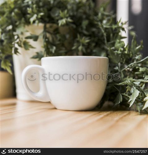 white coffee cup with potted plant wooden desk