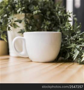 white coffee cup with potted plant wooden desk