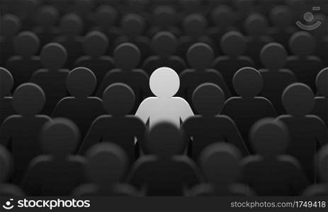 White color figurine among crowd black people background. Social lifestyle and business competition and strange person concept. Human character symbol theme. 3D illustration rendering.