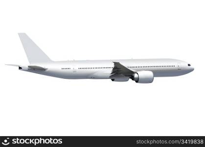 white commercial airplane on white background with path