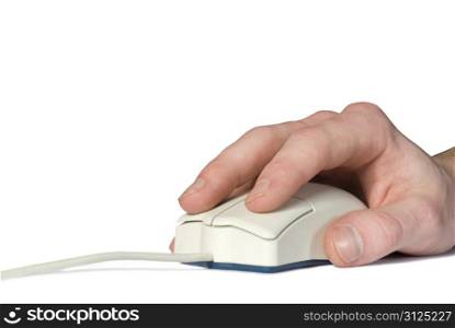 White computer mouse and hand on white